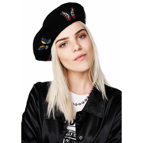 VHTF: Valfre ☻︎ Social Butterfly Embroidered Beret Hat ☻︎ Black Wool ☻︎ Colorful - Picture 5 of 17